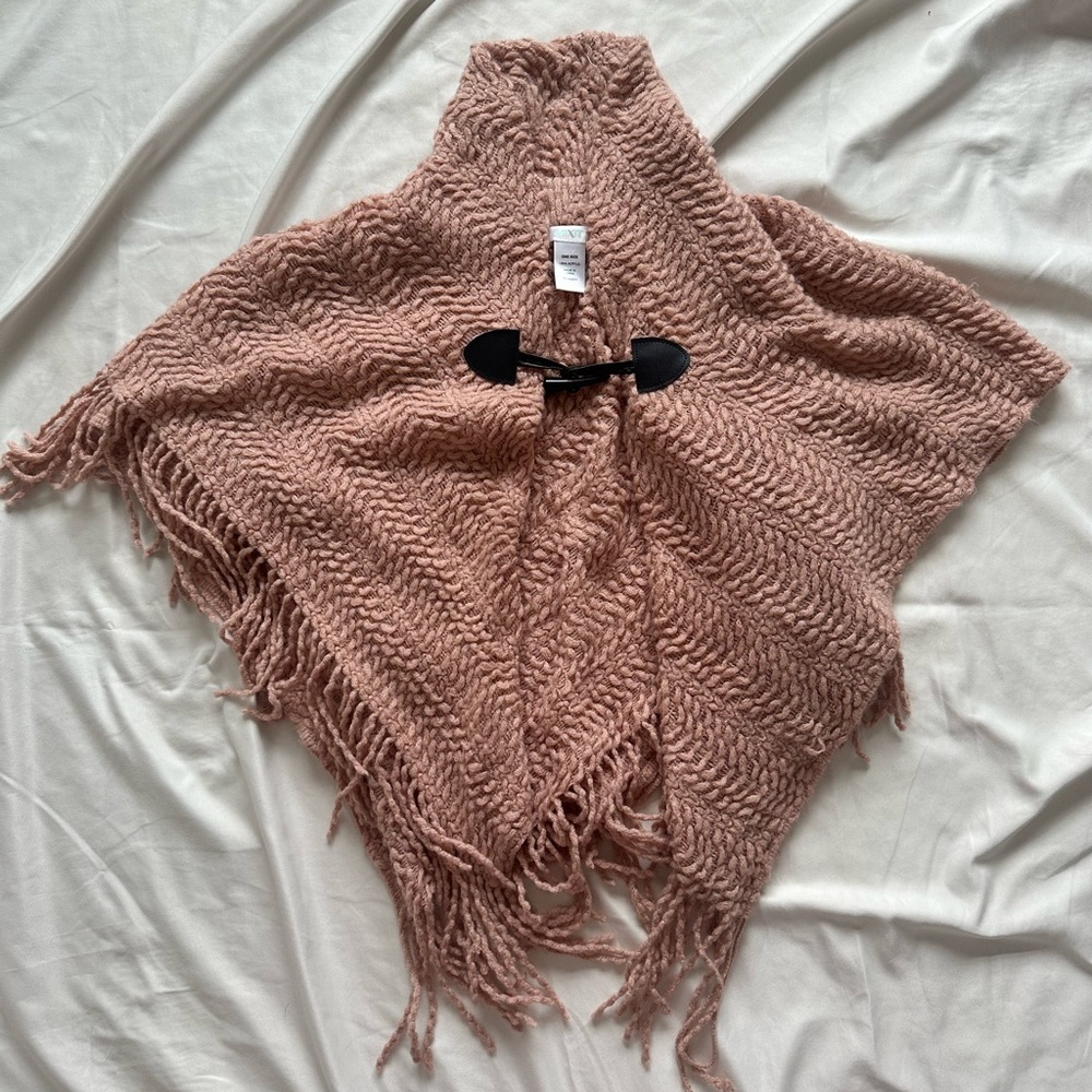 100% Acrylic Baby Pink Shawl / Mini Poncho Fringe Warm Over Shoulder
